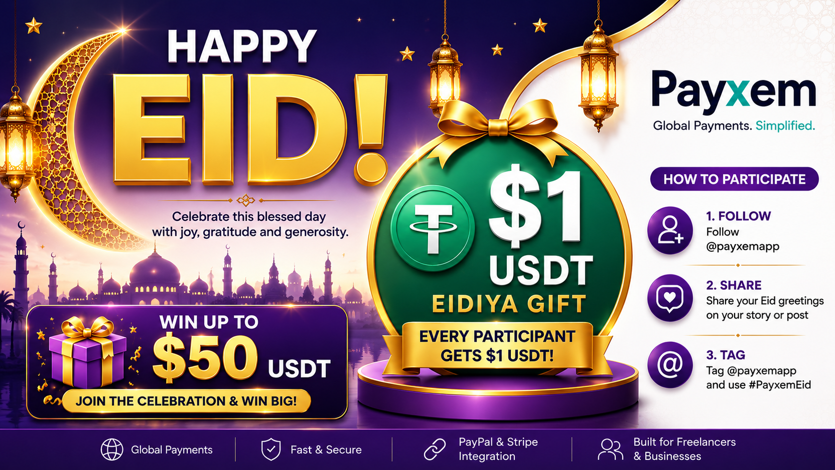 Payxem Eidiyah celebration contest, every KYC verified user gets $1 USDT, win up to $50 USDT in the social media draw.